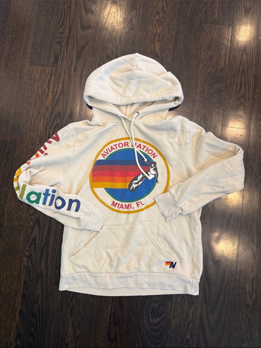 Aviator Nation Cream Hoodie with Rainbow Logo and Miami Text